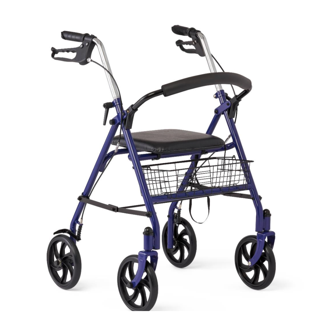 The Medline Steel Rollator with 8 Wheels and Basket is a blue walker featuring a seat, padded backrest, hand brakes, and a black wire basket. Its lightweight frame offers padded handles for support and ensures mobility with its compact design.