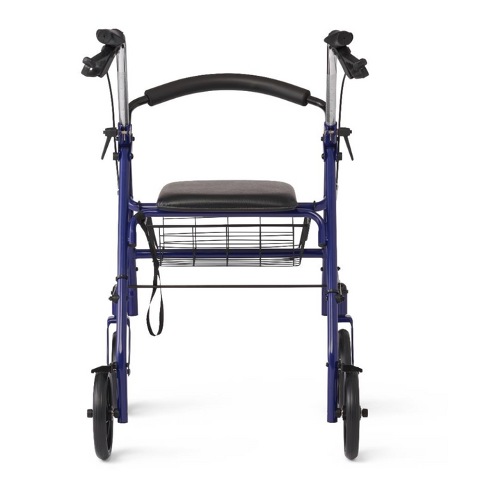The Medline Steel Rollator, equipped with 8 wheels, features a padded seat and black backrest for comfort. It includes handles with brakes and a wire basket underneath for reliable mobility assistance.