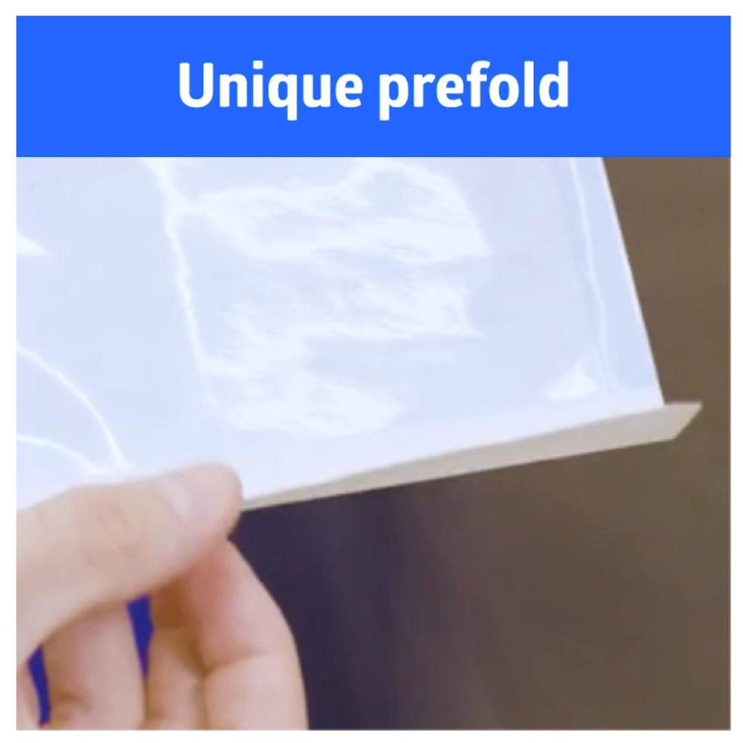 A close-up of a hand holding a Medline Self-Seal Sterilization Pouch for Steam and Gas Only with a unique prefold edge, shown on a blue background.