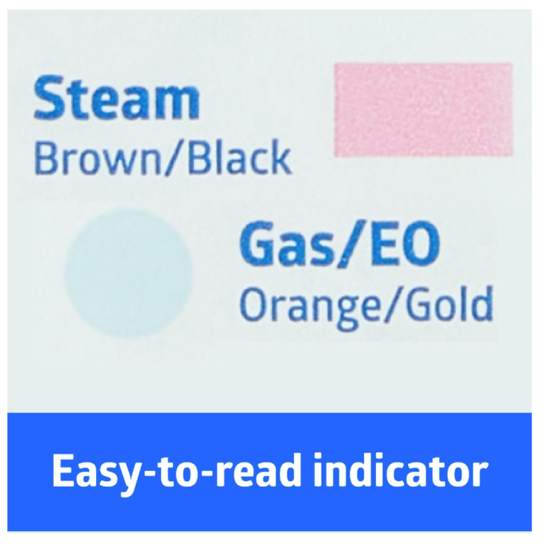 The Medline Self-Seal Sterilization Pouches for Steam and Gas Only have a label with color indicators: steam changes brown to black, gas/EO orange to gold, plus an easy-to-read indicator on a blue background.