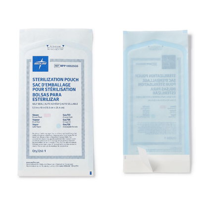 Two Medline Self-Seal Sterilization Pouches for Steam and Gas Only are shown: one displays the multilingual product info on the front, while the other shows the transparent back side of the pouch.