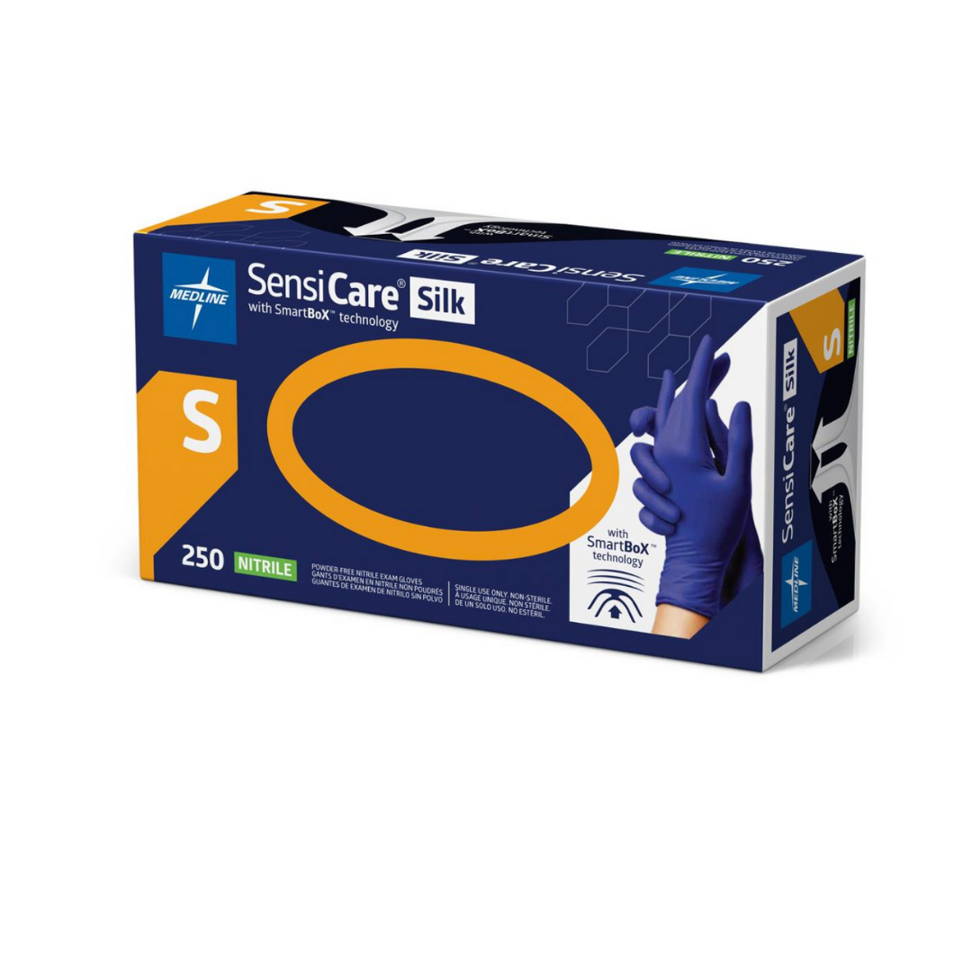 A box of Medline SensiCare Silk Nitrile Exam Gloves with SmartBoX Design, size small, contains 250 chemotherapy-rated, powder-free gloves. The blue and orange box shows a hand putting on a blue glove for easy identification and protection.