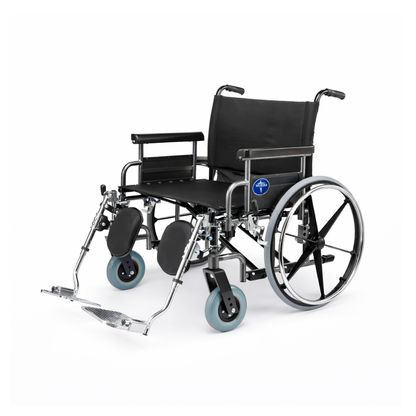 The Medline Shuttle Extra-Wide Bariatric Wheelchair, shown on a white background, features a black frame, large rear wheels, small front casters, footrests, and padded armrests.