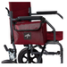 A close-up of a maroon Medline transport wheelchair shows the Medline Side Bag for Transport Chairs & Wheelchairs attached to the armrest, conveniently holding essentials and visible alongside part of the wheels and frame.