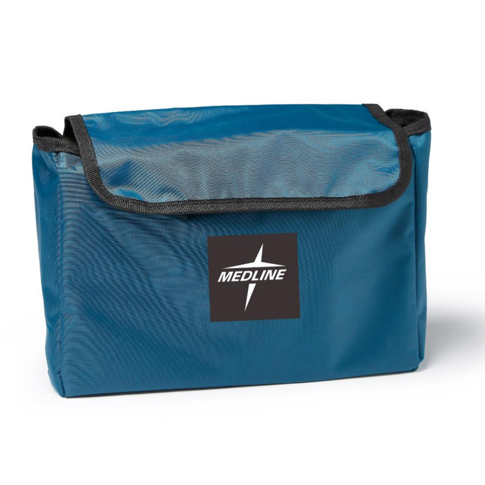 The Medline Side Bag for Transport Chairs & Wheelchairs is a blue, water-resistant insulated lunch bag with black trim, flap closure, and a front label featuring the white Medline logo. Perfect as a wheelchair accessory or handy nylon bag.