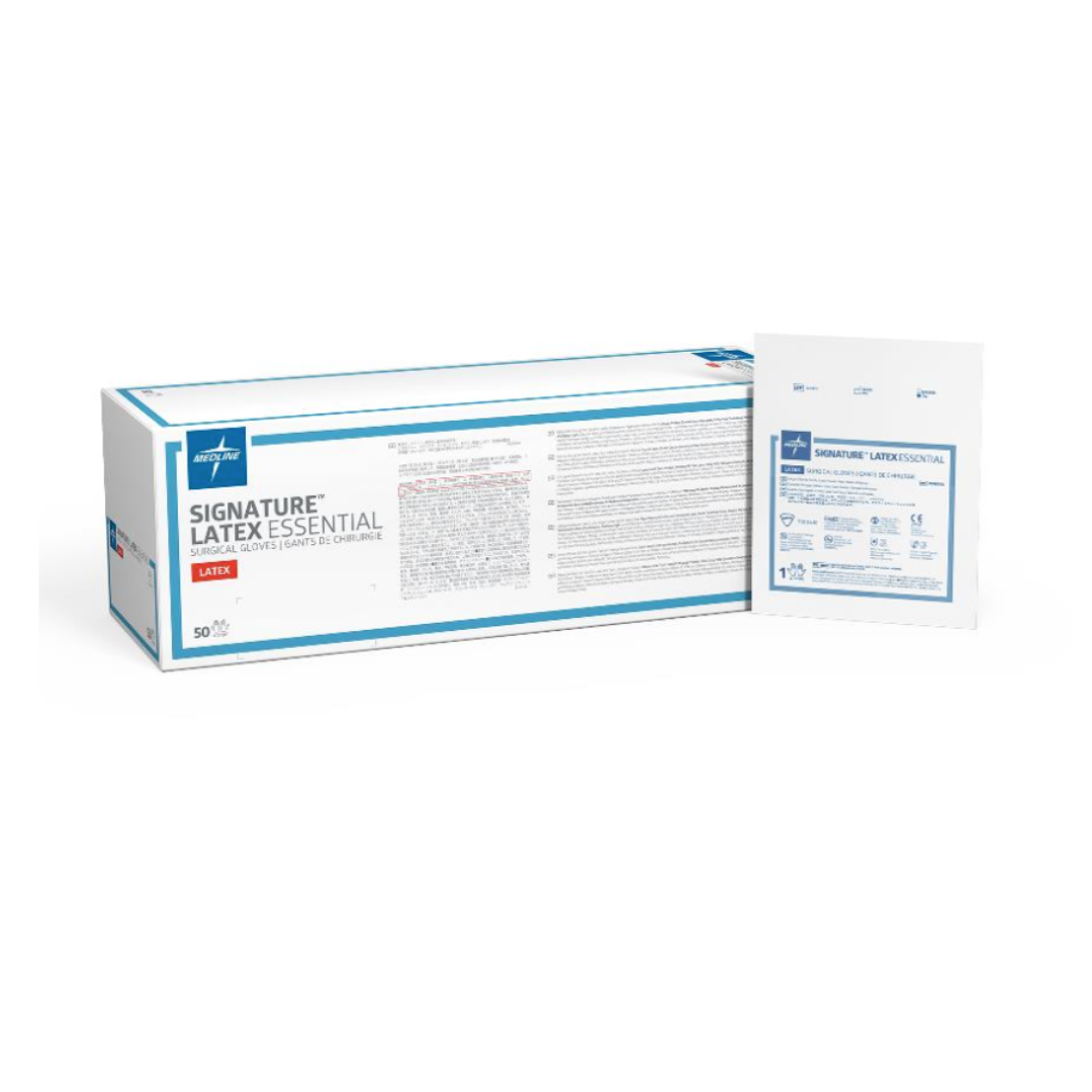 A box labeled Medline Signature Latex Essential Surgical Gloves and a single glove packet are shown, both in blue and white packaging with visible product and brand details.