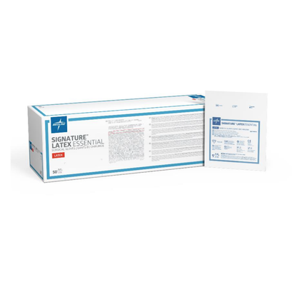 A box labeled Medline Signature Latex Essential Surgical Gloves and a single glove packet are shown, both in blue and white packaging with visible product and brand details.