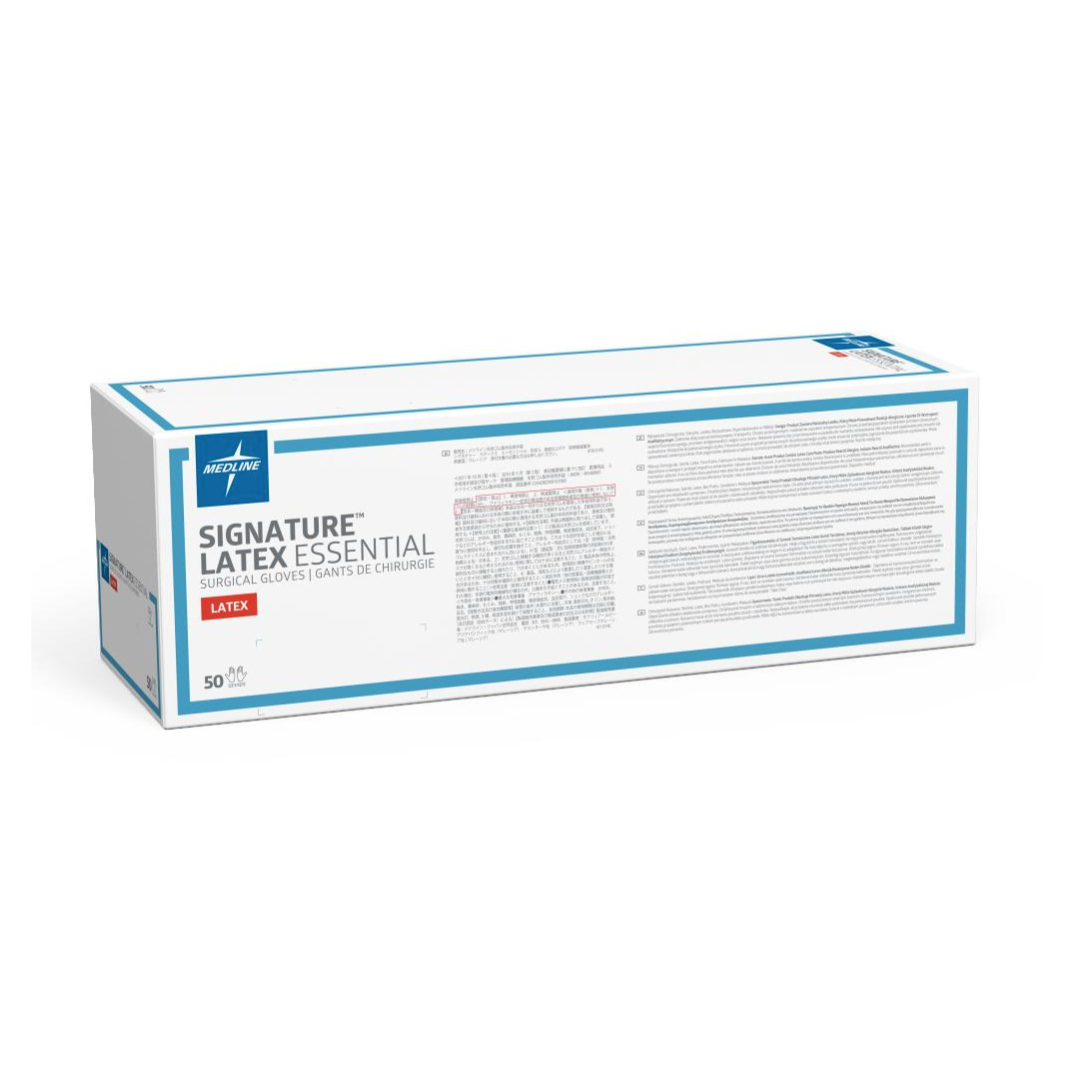 A white and blue box labeled "Medline Signature Latex Essential Surgical Gloves" contains 50 pairs of latex surgical gloves, with product details and a prominent red LATEX label on the packaging.