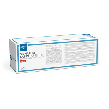 A white and blue box labeled "Medline Signature Latex Essential Surgical Gloves" contains 50 pairs of latex surgical gloves, with product details and a prominent red LATEX label on the packaging.