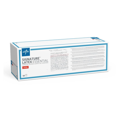 A white and blue box labeled "Medline Signature Latex Essential Surgical Gloves" contains 50 pairs of latex surgical gloves, with product details and a prominent red LATEX label on the packaging.