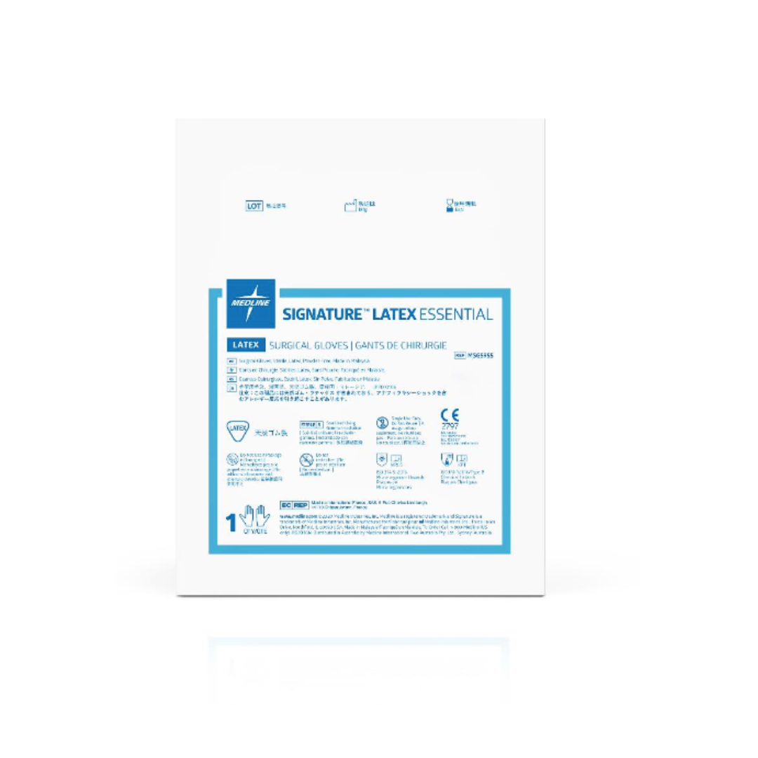 A white Medline Signature Latex Essential Surgical Gloves package contains latex gloves with blue text, icons, product details, certifications, and multilingual instructions on the packaging.
