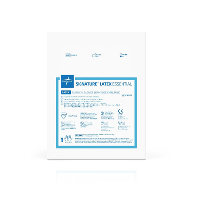 A white Medline Signature Latex Essential Surgical Gloves package contains latex gloves with blue text, icons, product details, certifications, and multilingual instructions on the packaging.