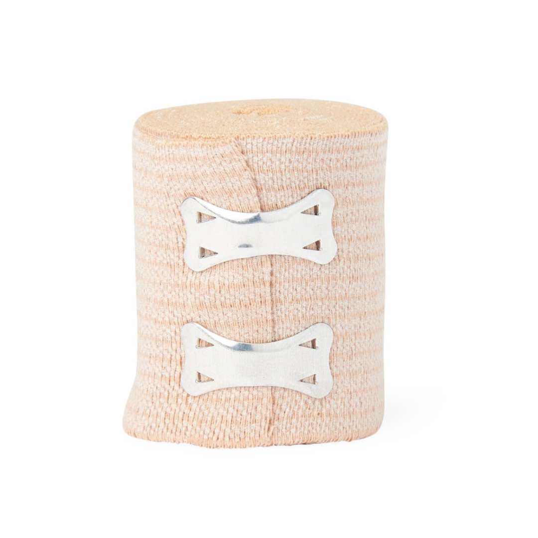 A rolled Medline Soft-Wrap Elastic Bandage in beige stands upright, secured with two silver metal clips against a plain white background.