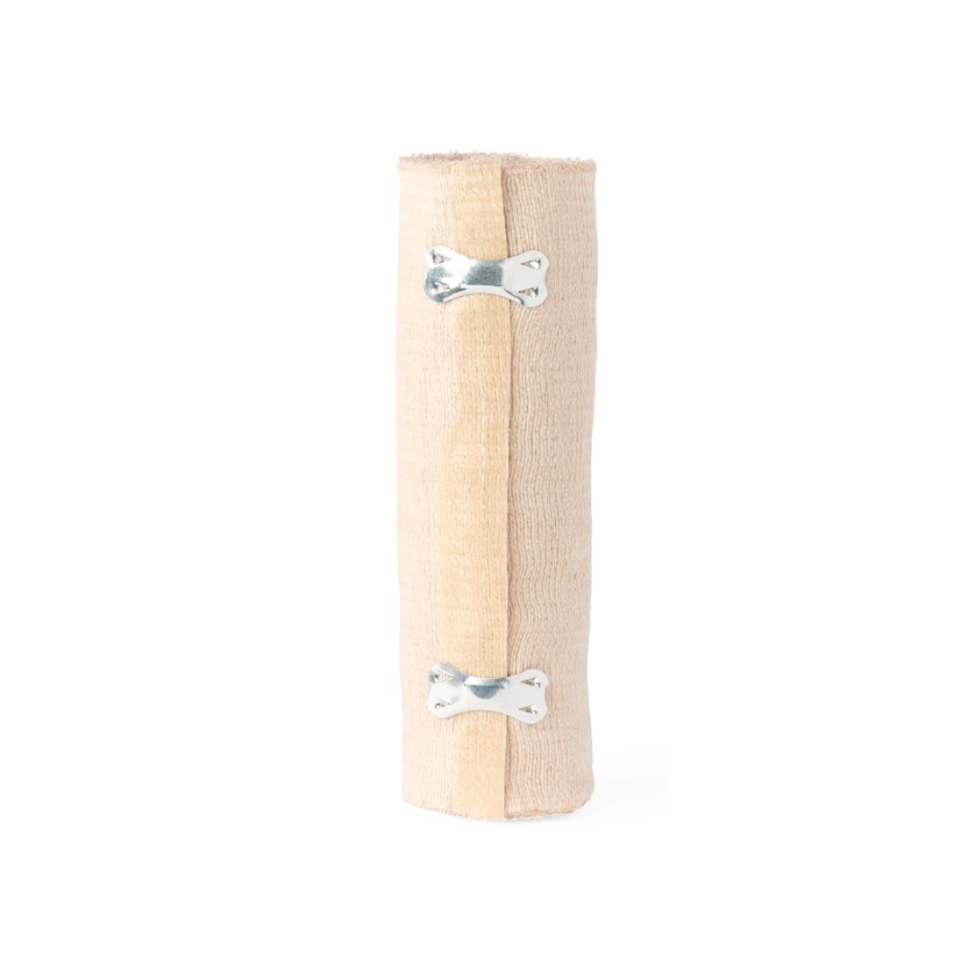 A vertical beige cat scratching post, featuring two metal bone-shaped brackets on the front, is wrapped in Medline Soft-Wrap Elastic Bandages and displayed against a plain white background.