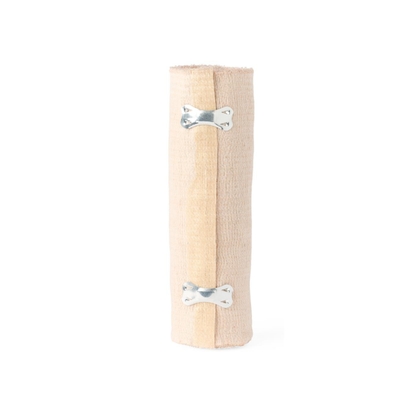 A vertical beige cat scratching post, featuring two metal bone-shaped brackets on the front, is wrapped in Medline Soft-Wrap Elastic Bandages and displayed against a plain white background.
