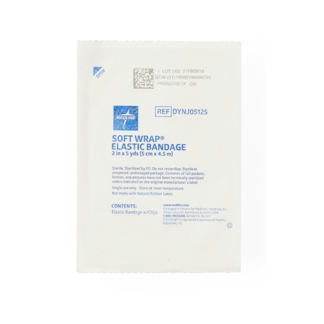 A white package labeled Medline Soft-Wrap Elastic Bandages, 2 in x 5 yds (5 cm x 4.5 m), ref DYNJ05125, Hartmann logo. Contains elastic bandage with clips—ideal for medical bandaging needs.