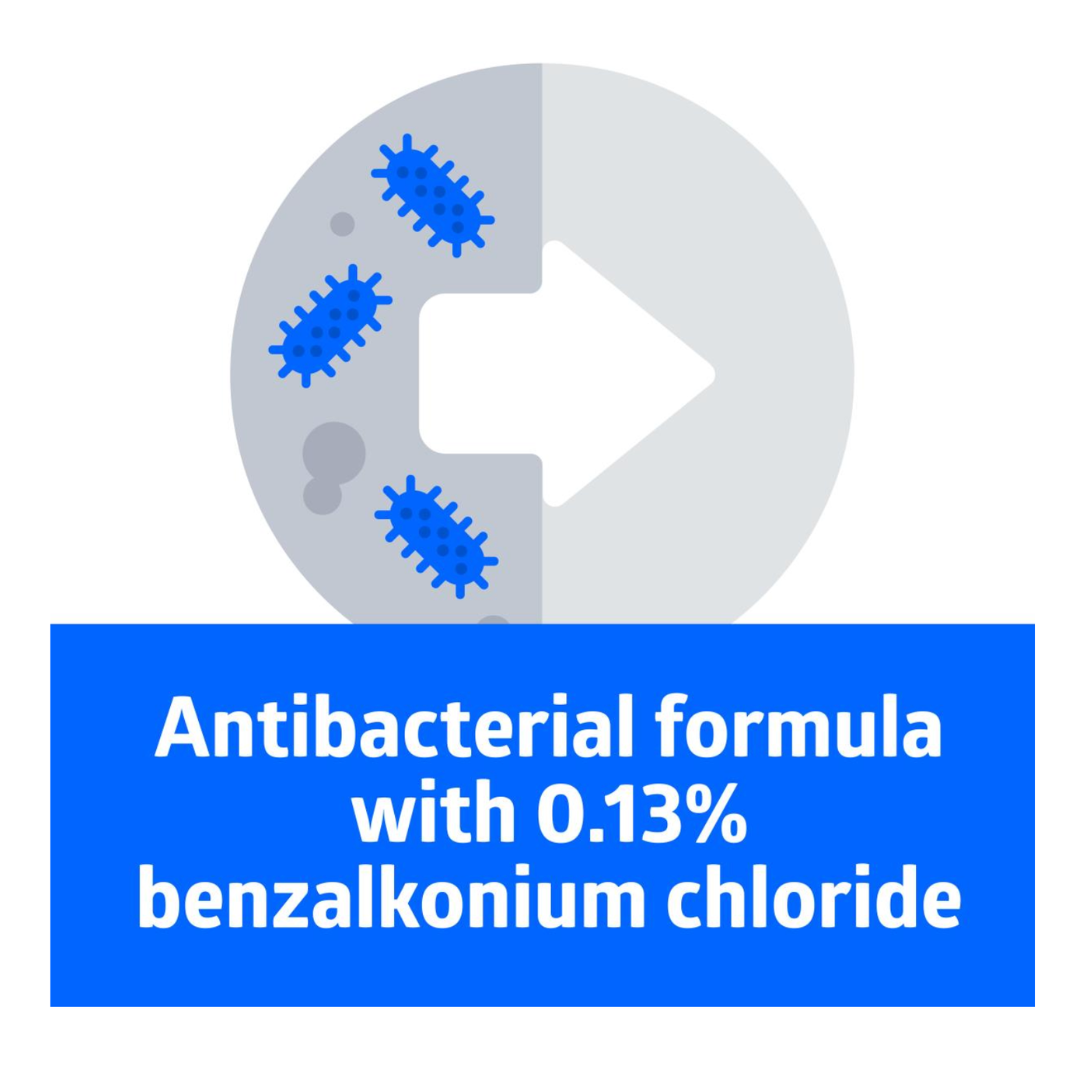 A graphic shows blue bacteria eliminated by an arrow, with bold text: "Antibacterial formula with 0.13% benzalkonium chloride," highlighting Medline Spectrum Antibacterial Foaming Hand Soap for superior germ protection.