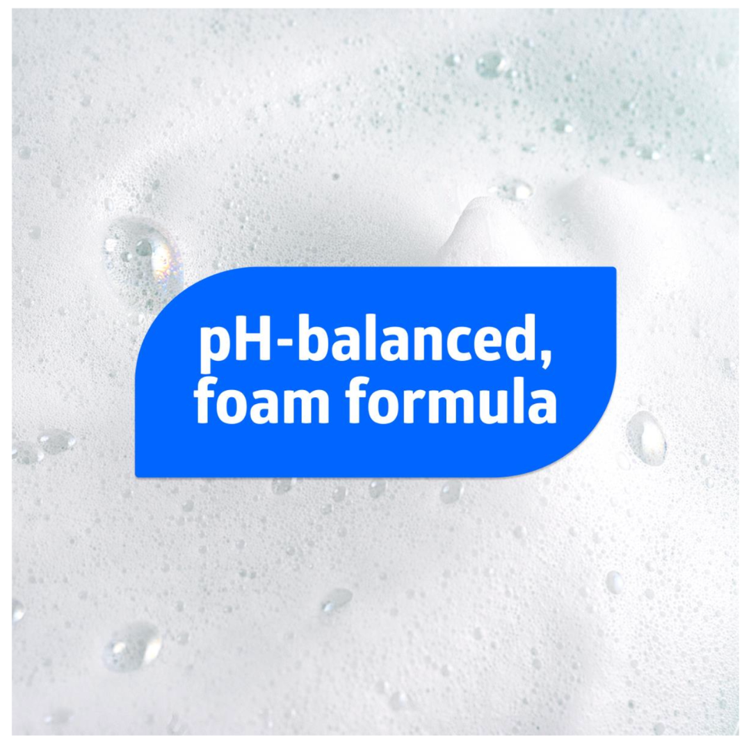 White foam with water droplets in the background and a blue label in the center reads pH-balanced, foam formula, highlighting germ protection with Medline Spectrum Antibacterial Foaming Hand Soap.