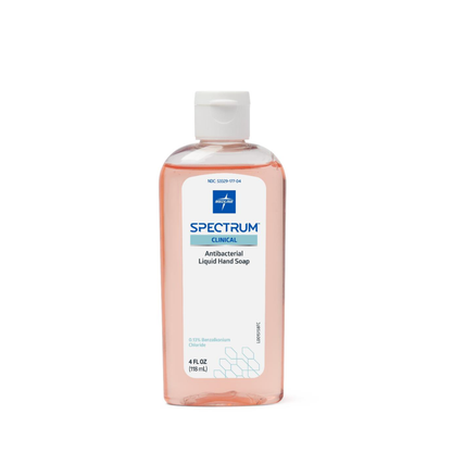 Medline Spectrum Antibacterial Liquid Hand Soap in a clear plastic bottle with a white flip-top cap and blue-white label, containing 4 fl oz (118 mL) of pink antibacterial soap.