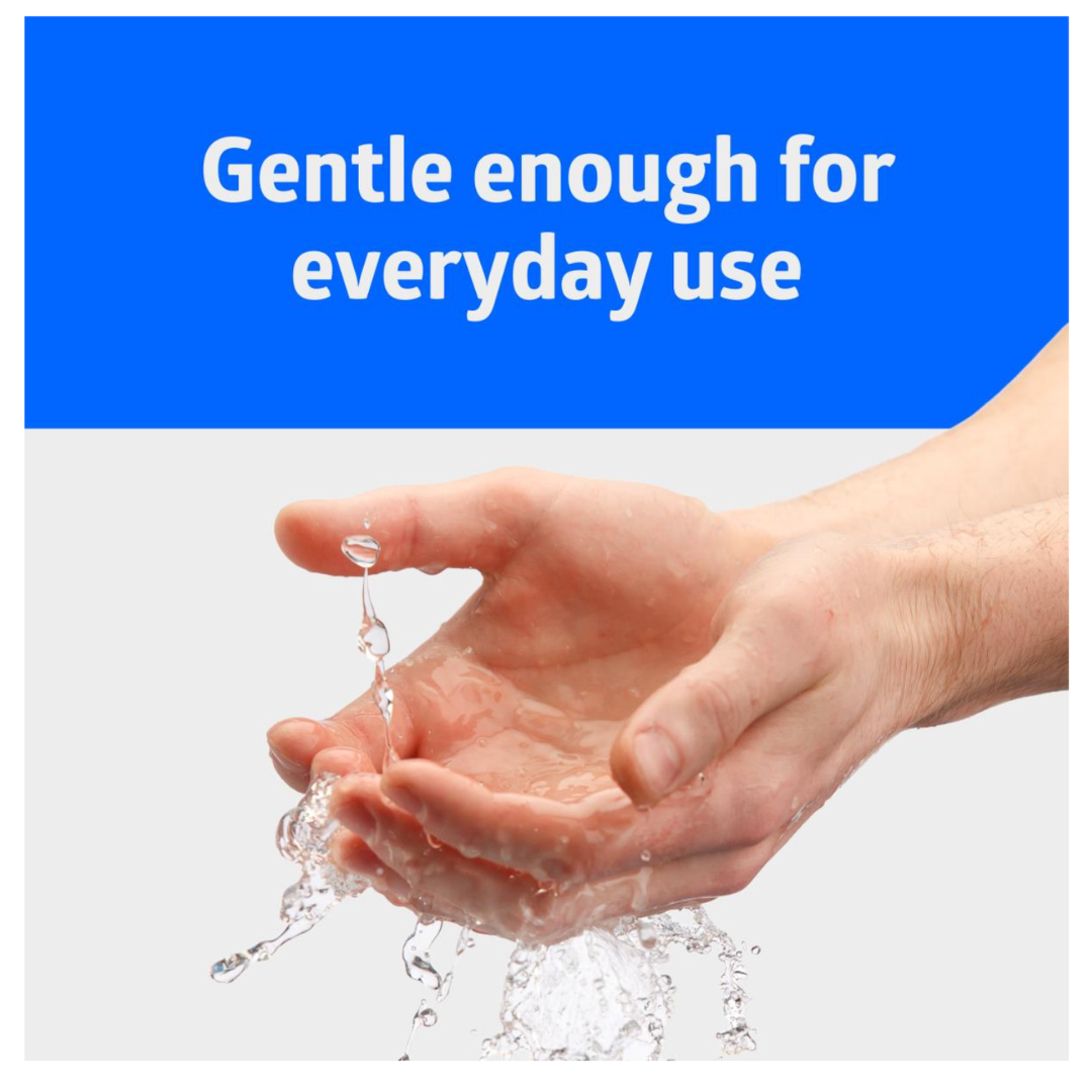 A pair of hands being washed under running water, with the text "Gentle enough for everyday use," features Medline Spectrum Antibacterial Liquid Hand Soap on a blue background.