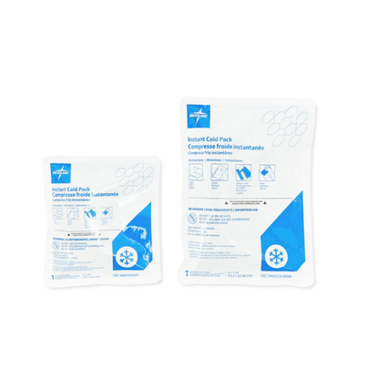 Two sealed Medline Standard Instant Cold Packs, one small and one large, in white and blue packaging provide convenient cold therapy. Product info and instructions appear on the front in English and French.
