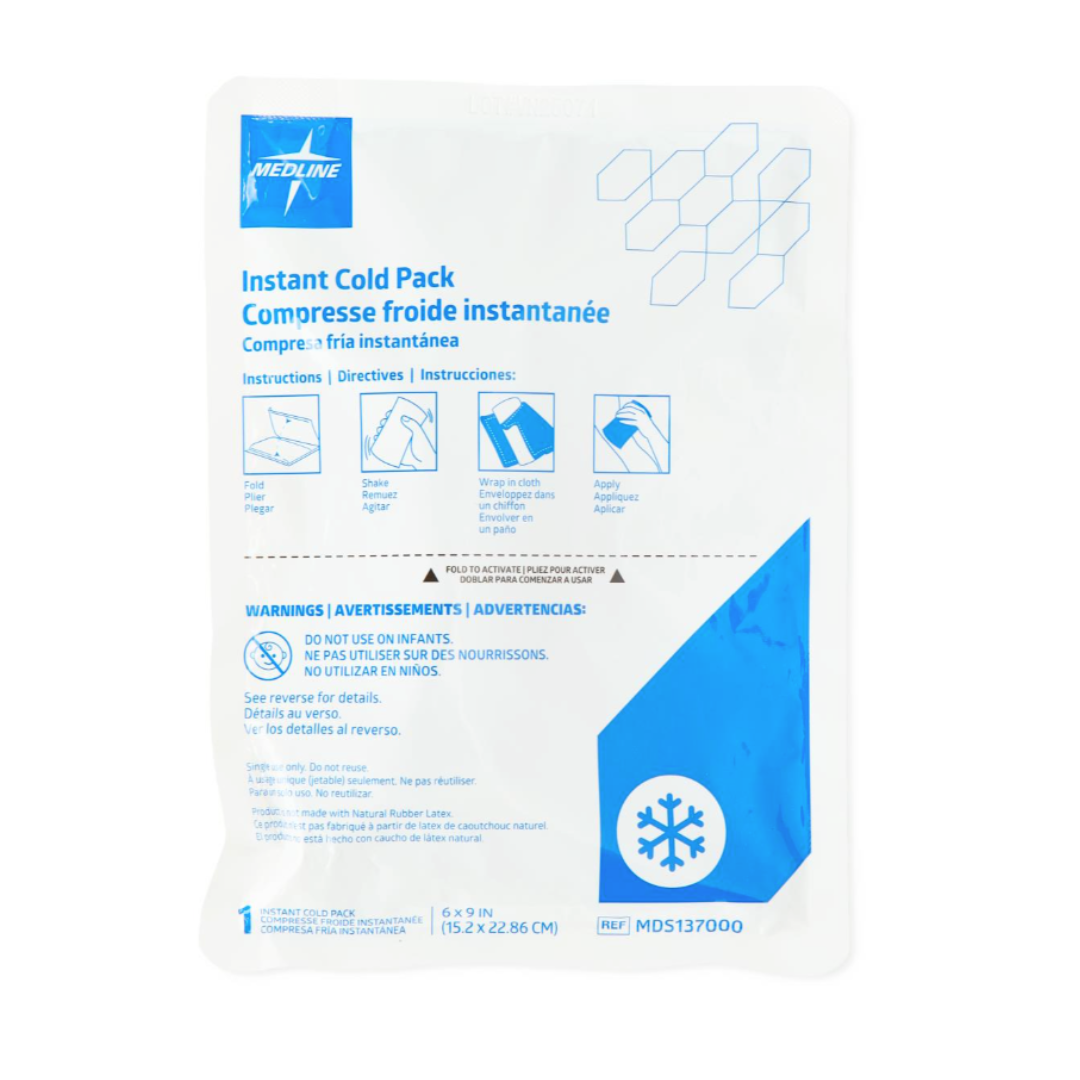 Medline Standard Instant Cold Packs come in white and blue packaging with English and French instructions, warnings, cold therapy illustrations, and a snowflake icon—ideal for fast and effective relief.