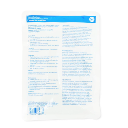 A clear, disposable Medline Standard Instant Cold Pack features blue and white packaging with multi-language instructions, directions, warnings, and ads visible on the back—perfect for cold therapy needs.