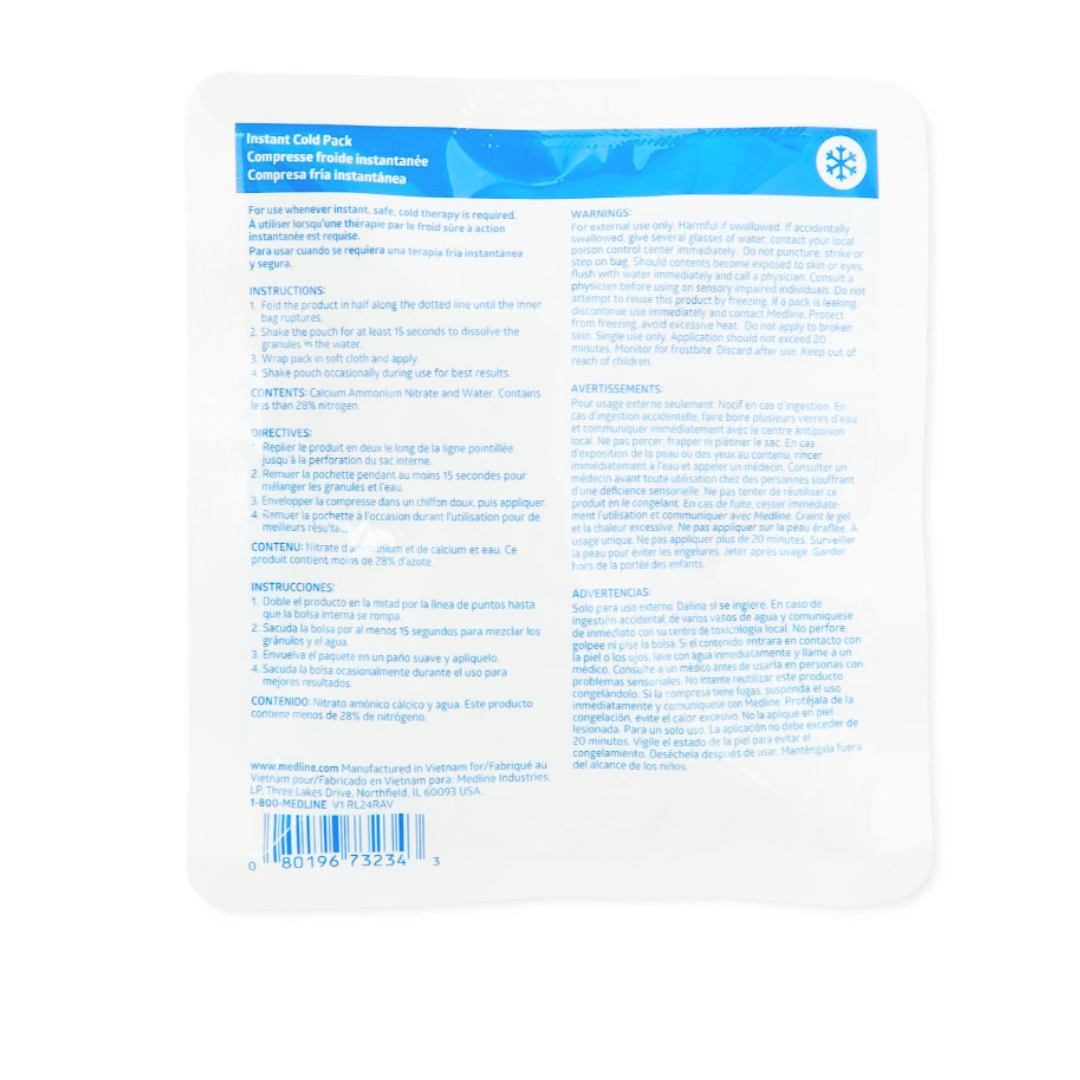 The Medline Standard Instant Cold Packs come in a sealed white rectangular packet with blue text displaying instructions, warnings, and contents in English and Spanish for convenient, instant cold therapy use.