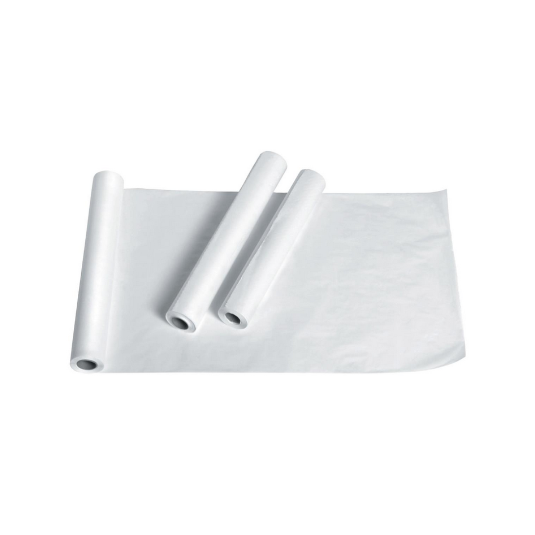 Three rolls of Medline Standard Smooth Exam Table Paper, with one sheet partially unrolled on a white background—perfect for any medical setting in need of reliable exam room supplies.