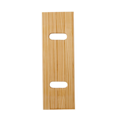 The Medline Standard Wooden Transfer Board is made from durable rubber wood and features two elongated oval cut-out handles for easy patient transfers, all set against a white background. Reliable weight capacity ensures safe and efficient use.