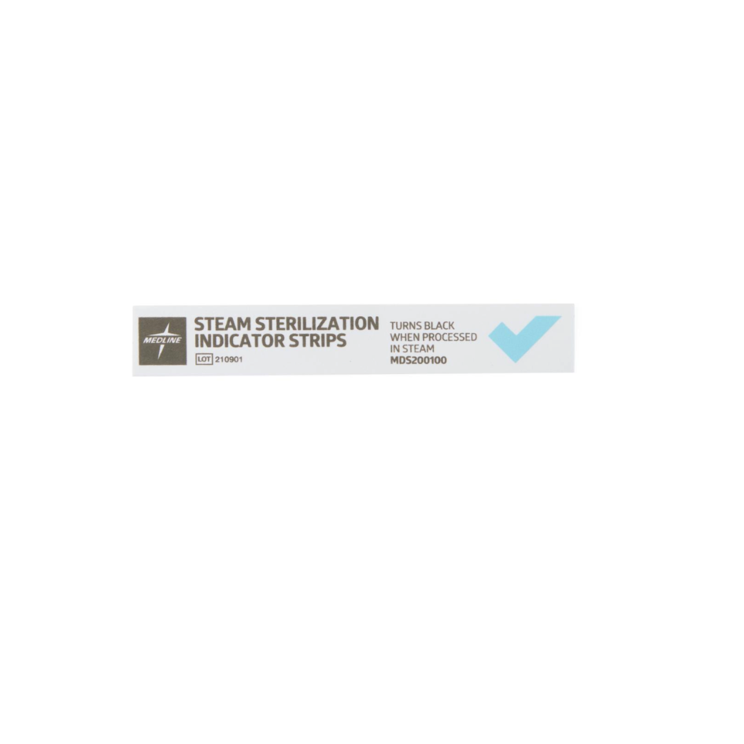 The Medline Steam Indicator Strips - Class 4 label shows a blue checkmark and states: "Turns black when processed in steam," highlighting its use as a steam sterilization indicator.