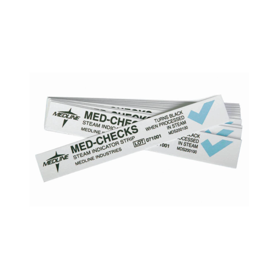 Three Medline Steam Indicator Strips - Class 4 are stacked, each white strip features text stating it turns black after steam processing. A blue check mark appears on every sterilization indicator strip.