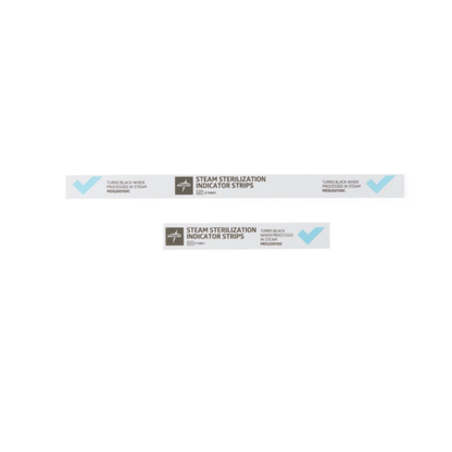 Two Medline Steam Indicator Strips - Class 4, each with a gray square, blue check mark, and text stating they turn black after steam processing. Both sterilization indicators are shown on a plain white background.