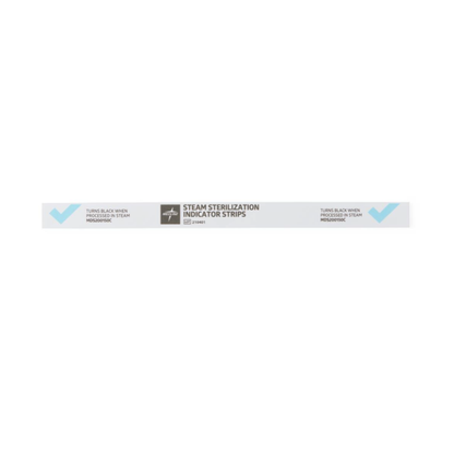 Medline Steam Indicator Strips - Class 4 are thin, rectangular strips featuring blue check marks on each end and center text indicating they turn black after proper steam sterilization.