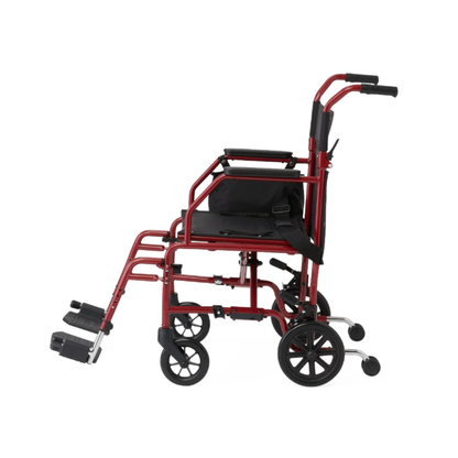 The Medline Steel Transport Chair with Wide 19" Seat is a stylish and functional red and black lightweight chair designed for easy mobility.