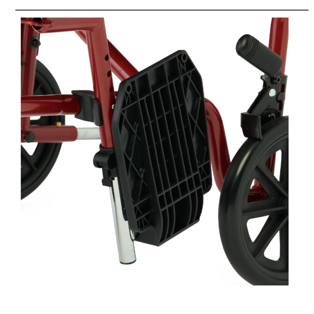 Close-up of a wheelchair footrest and wheel, featuring a black plastic footplate attached to the red frame of a Medline Steel Transport Chair with Wide 19" Seat; part of the small front wheel and black spokes are visible.