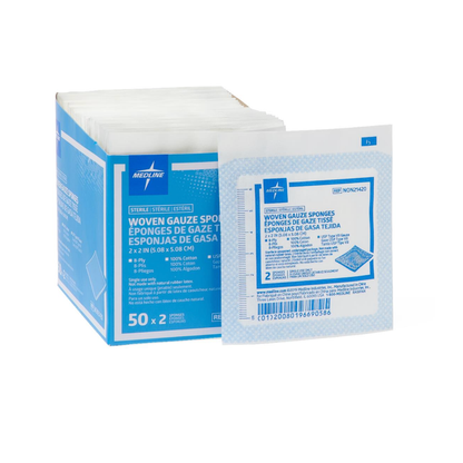 A box of Medline Sterile 100% Cotton Woven Gauze Sponges is shown with one packet in front. The blue and white box contains 50 packets, each with two individually wrapped 2x2 inch sterile cotton gauze sponges.
