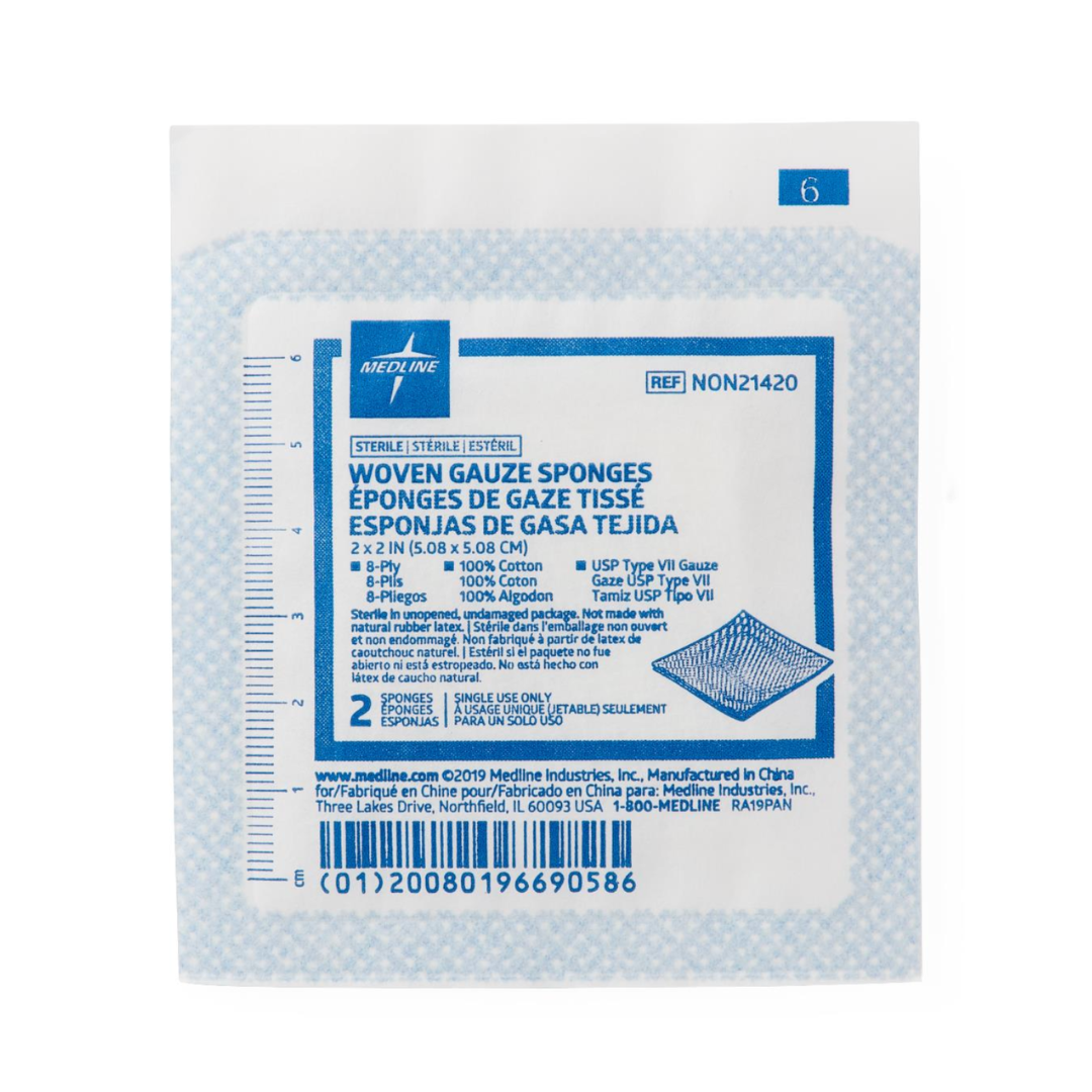 A sealed package of Medline Sterile 100% Cotton Woven Gauze Sponges displays details in English, French, and Spanish. The front label shows a barcode, size, usage info, and an image of the sterile cotton gauze inside.