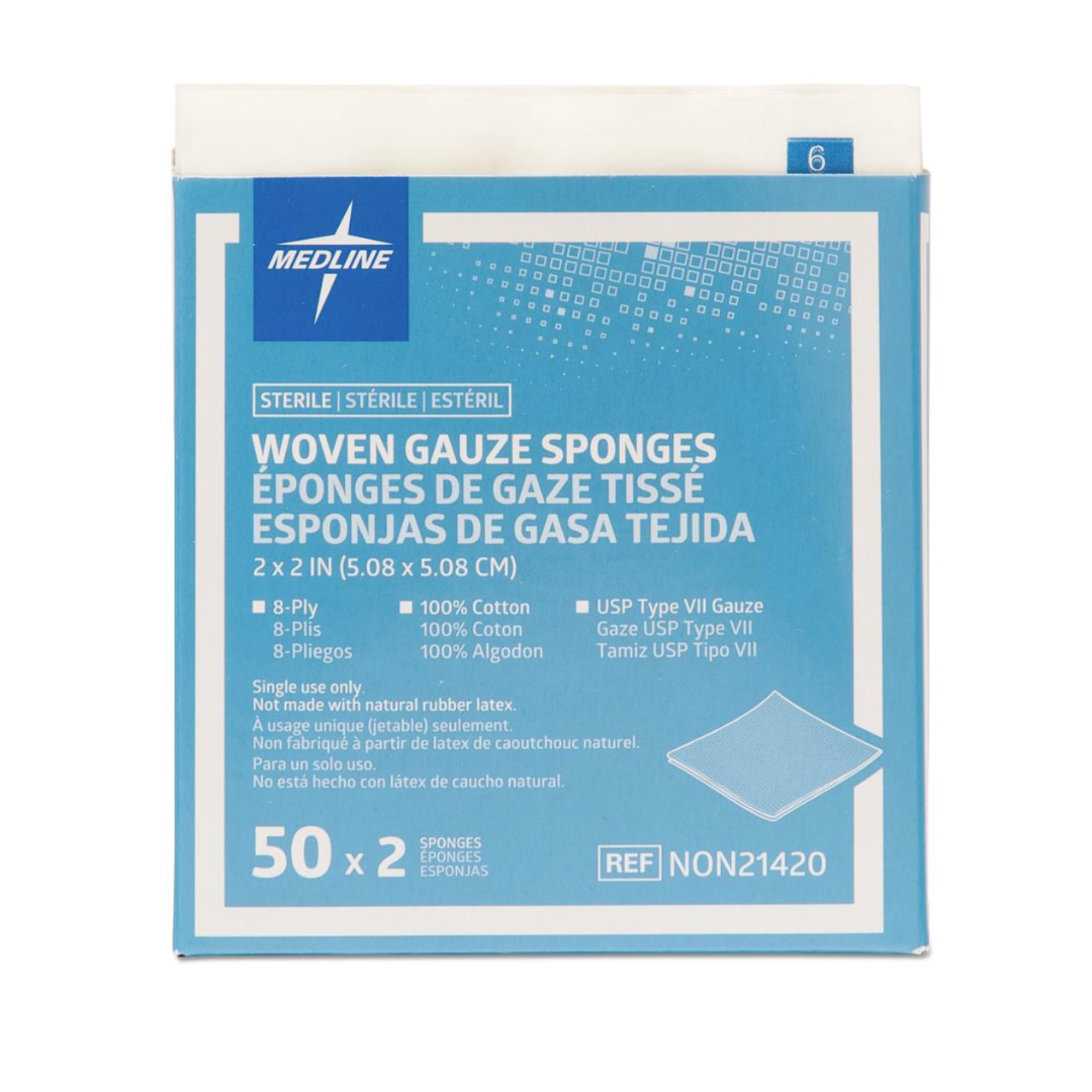A box of Medline Sterile 100% Cotton Woven Gauze Sponges, 2"x2", 8-ply. Includes 50 packs with 2 sterile sponges each. Packaging is in English, French, and Spanish.