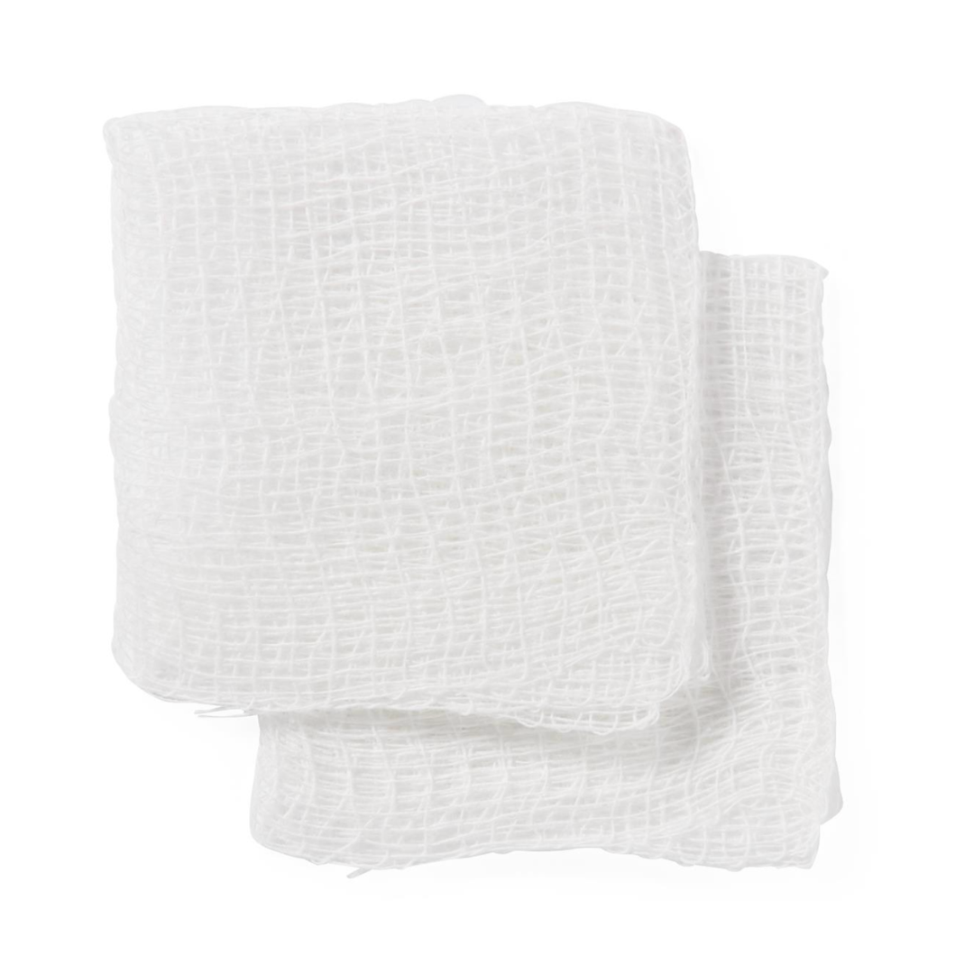 Medline Sterile 100% Cotton Woven Gauze Sponges, shown on a plain white background, feature a loose and textured weave and are commonly used for medical or first aid purposes.