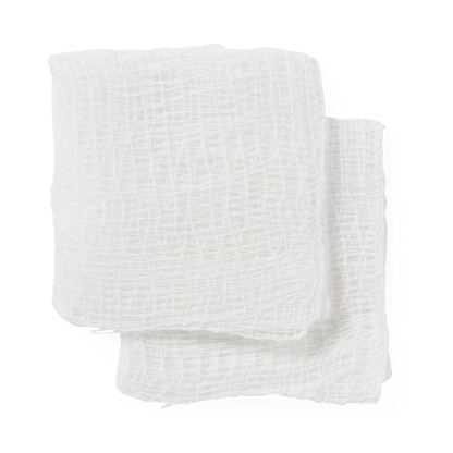 Medline Sterile 100% Cotton Woven Gauze Sponges, shown on a plain white background, feature a loose and textured weave and are commonly used for medical or first aid purposes.