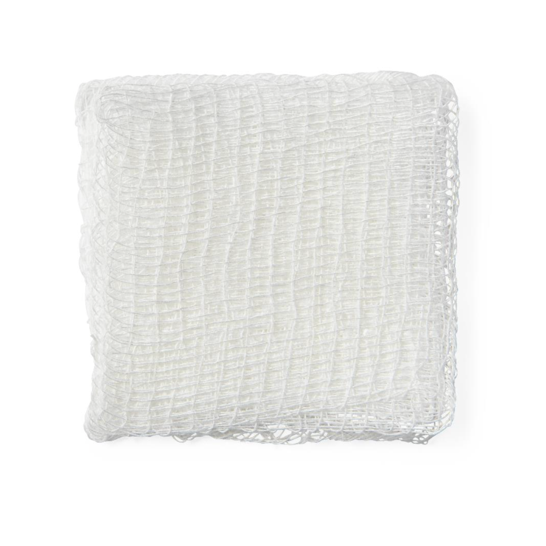 A Medline Sterile 100% Cotton Woven Gauze Sponge, folded and white with a loose, open weave texture, displayed on a plain white background.