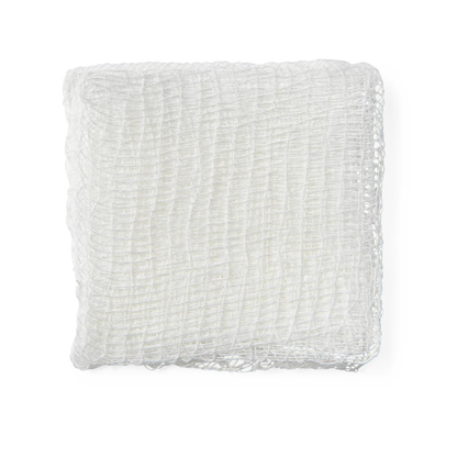 A Medline Sterile 100% Cotton Woven Gauze Sponge, folded and white with a loose, open weave texture, displayed on a plain white background.