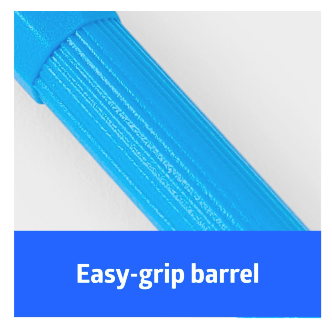 Close-up of a textured blue pen barrel above a blue box labeled "Easy-grip barrel," highlighting its ergonomic design for precision tasks and compatibility with Medline Sterile Biopsy Punches.