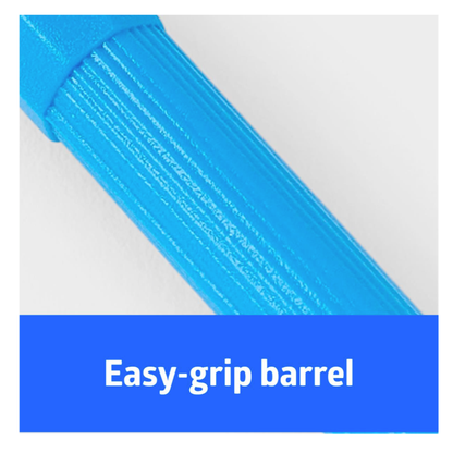 Close-up of a textured blue pen barrel above a blue box labeled "Easy-grip barrel," highlighting its ergonomic design for precision tasks and compatibility with Medline Sterile Biopsy Punches.