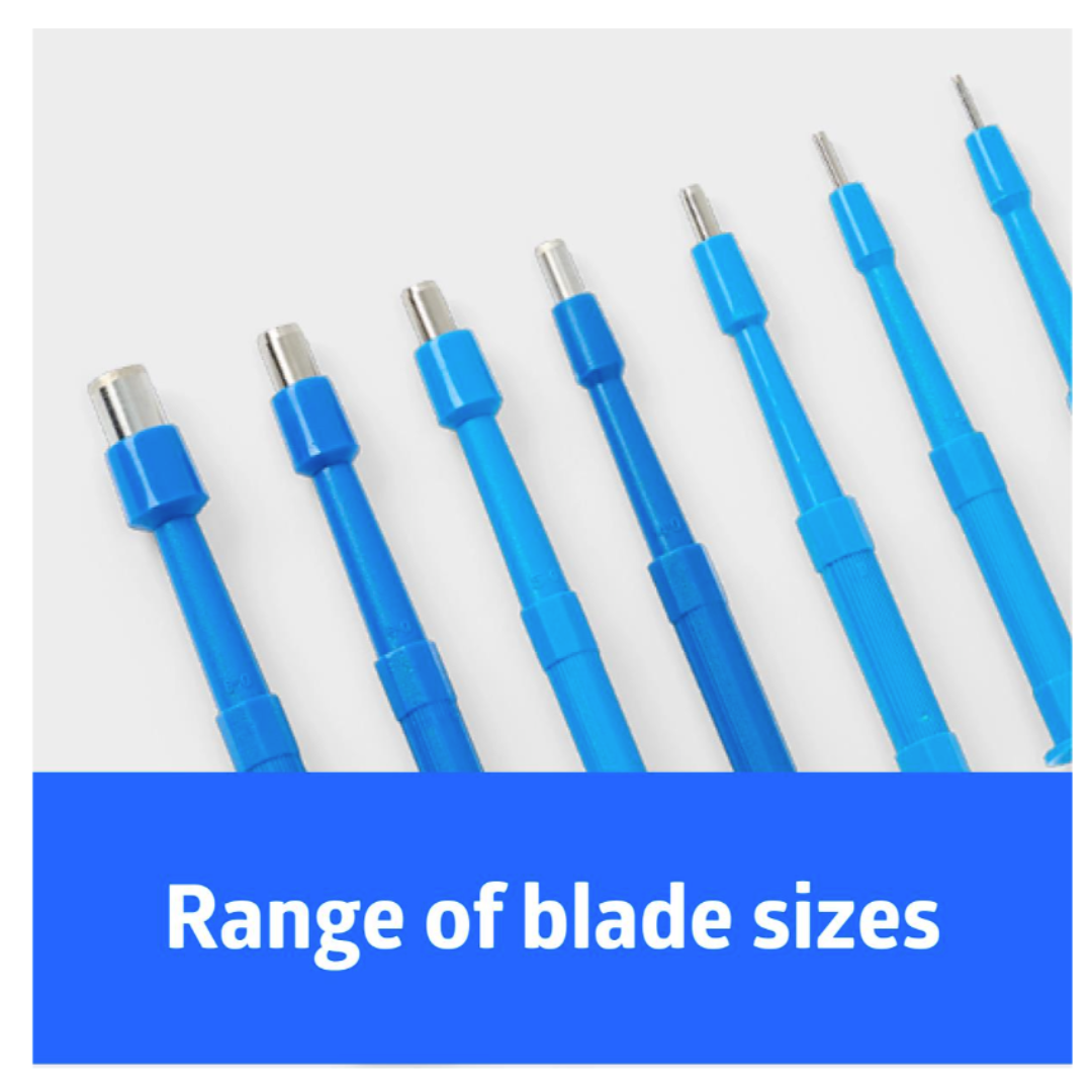 A row of Medline Sterile Biopsy Punches with blue precision handles is displayed above a banner stating, "Range of blade sizes," highlighting their use for medical device applications.