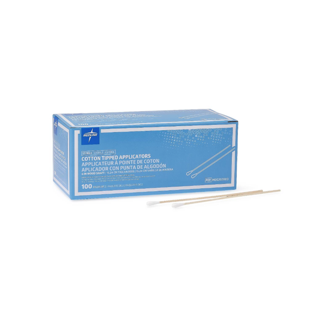 A blue and white box labeled "Medline Sterile Cotton-Tipped Applicator" sits on a white surface, with two individually wrapped cotton swabs in front. The box contains 100 sterile applicators—see specifications for details.