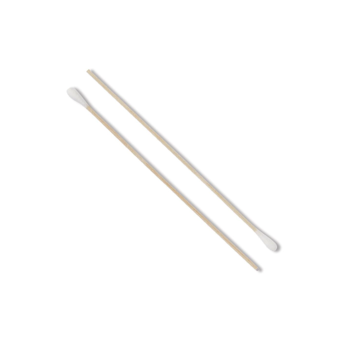 Two Medline Sterile Cotton-Tipped Applicators with wooden sticks and white cotton tips—one intact, one with a broken stick—are displayed on a white background. See product specifications for details.