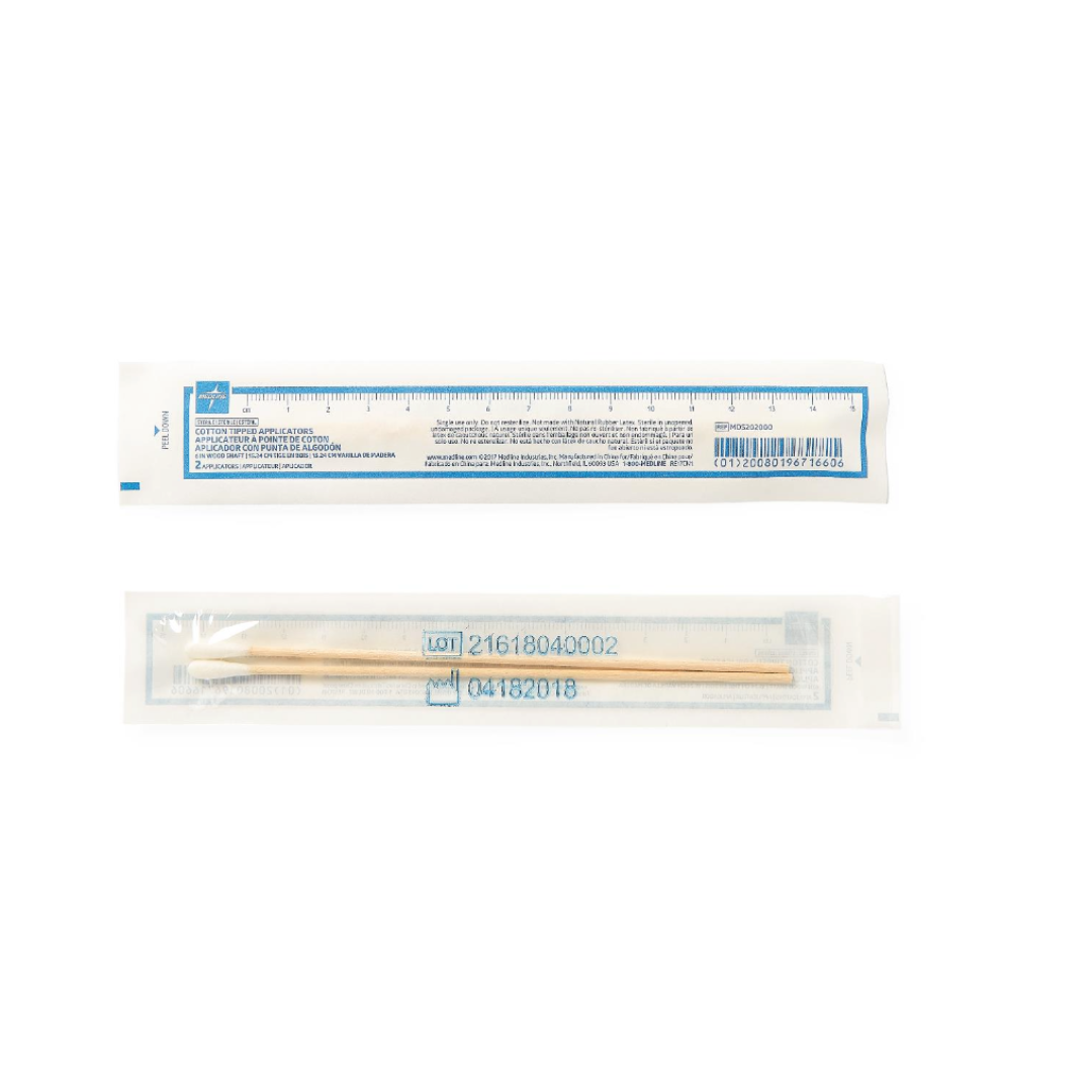 A sealed Medline Sterile Cotton-Tipped Applicator in clear packaging is shown above a clear plastic ruler with blue markings on a white background. See product specifications and warranty details in the downloads section.