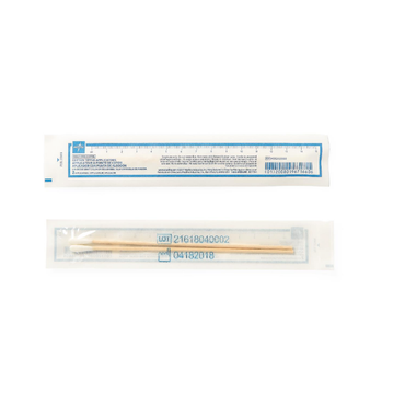 A sealed Medline Sterile Cotton-Tipped Applicator in clear packaging is shown above a clear plastic ruler with blue markings on a white background. See product specifications and warranty details in the downloads section.